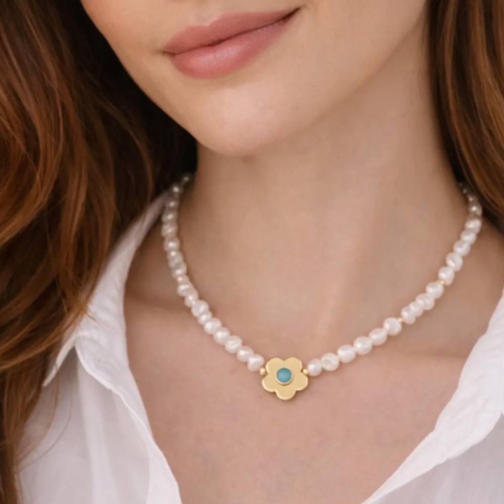 Elegant Pearl Necklace with Gold Flower Pendant